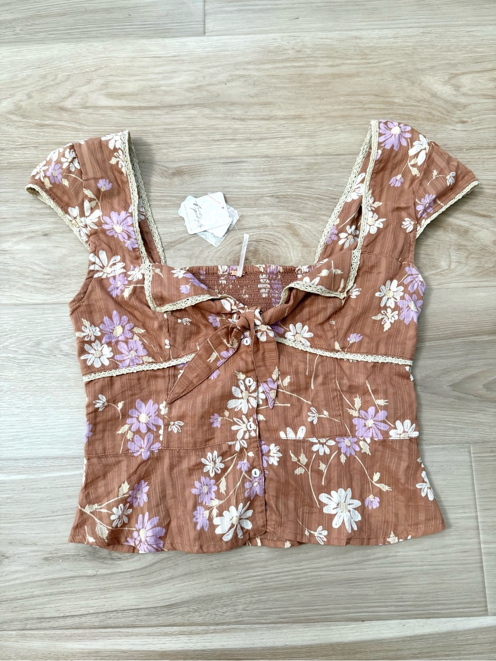 Free People Floral Corset Top Brown Purple Lace Trim Tie Front Size M NWT